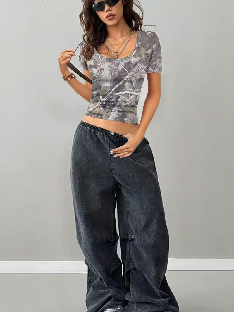 2025 Women'S Clothing New Retro Camouflage Branch Pattern Minimalist Casual U-Collar Short-Sleeved T-Shirt - Image 4