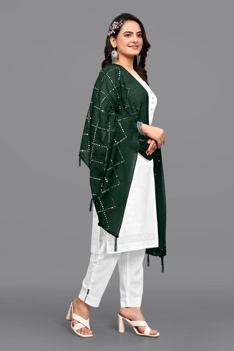 KEMZA Women's Embroidered Cotton Mirror Dupatta (Green) in Checks Pattern - Image 3