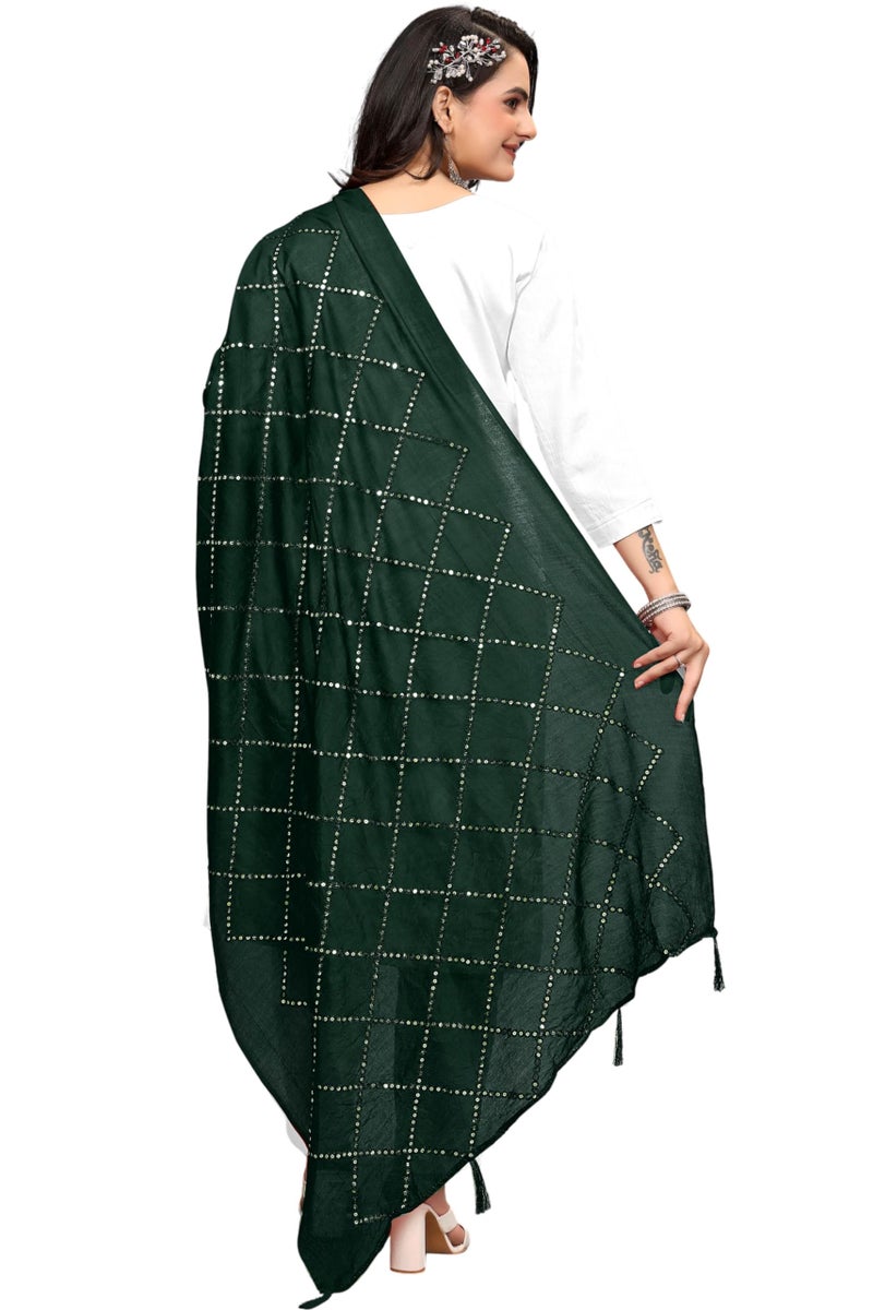 KEMZA Women's Embroidered Cotton Mirror Dupatta (Green) in Checks Pattern - Image 1