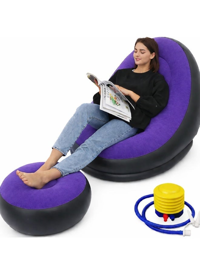 كرسي أريكة قابل للنفخ مع مسند للقدمين - كرسي استرخاء هوائي مريح مع مسند للقدمين | مقعد استرخاء محمول من مادة PVC المخملية للاستخدام الداخلي والخارجي والتخييم والاسترخاء - Image 1