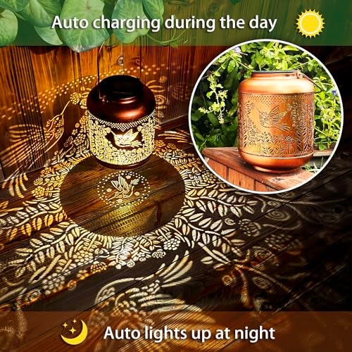 TIGGSY Hummingbird Solar Lanterns Outdoor Waterproof Hanging Solar Lights Hummingbird Gifts for Women Men Metal Bird Decorative LED Lanterns for Yard, Patio, Lawn, Tabletop, Pathway, Landscape, Garden Decor - Image 3