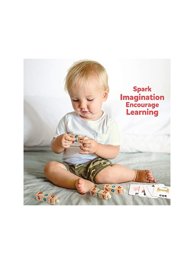 Coogam Wooden Reading Blocks Short Vowel Rods Spelling Games, Flash Cards Turning Rotating Letter Puzzle for Kids, Sight Words Montessori Spinning Alphabet Learning Toy for Preschool Boys Girls  - Image 3