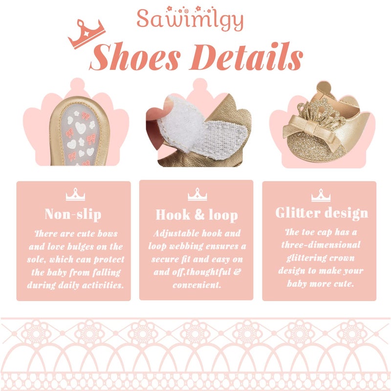 Sawimlgy Baby Girls Mary Jane Sequins Crown Flats PU Leather Wedding Party Princess Ballet Shoe Infant Rubber Sole Prewalker Toddler First Crib Shoes - Image 5