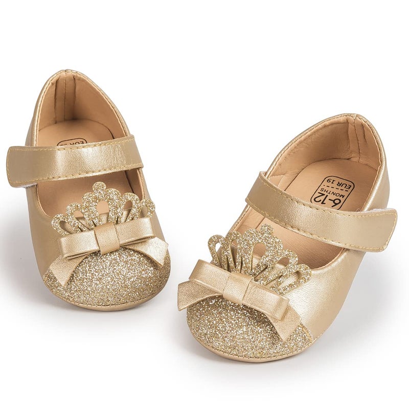 Sawimlgy Baby Girls Mary Jane Sequins Crown Flats PU Leather Wedding Party Princess Ballet Shoe Infant Rubber Sole Prewalker Toddler First Crib Shoes - Image 1
