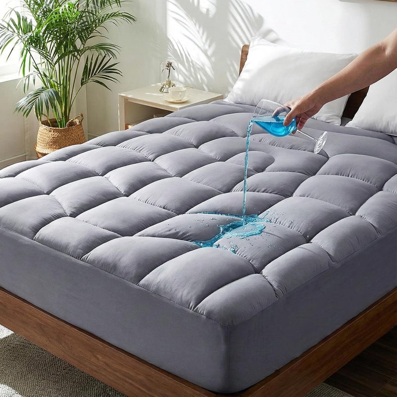 Unikome King Mattress Pad Waterproof, Ergonomic Quilted Mattress Topper for Back Pain Relief â€“ Breathable Bed Cover with Deep Pocket (Fits 8-21 Inches), Noiseless & Machine Washable (Grey, 78x80) - Image 1