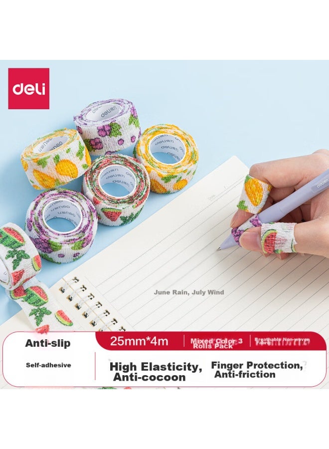 ديلي Deli Student Writing Finger Protector Bandage، ضمادة مرنة لاصقة عديمة الرائحة مضادة للتآكل ومضادة للثفن، واقي مفاصل الأصابع 25mm*4m، نمط فواكه، 3 لفات، ألوان مختلطة Jf661 - Image 1