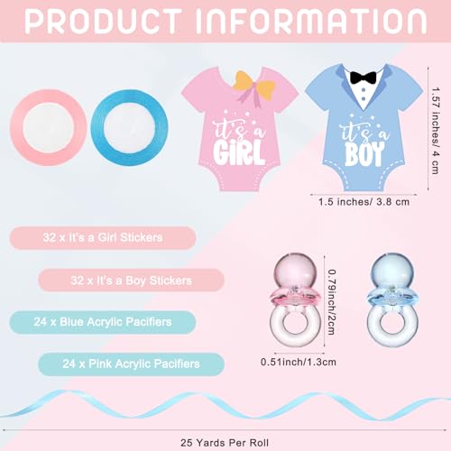 Fumete 162 Pcs Gender Reveal Baby Shower Favors 48 Mini Milk Bottles Plastic Baby Candy Bottle 48 Mini Pacifiers Tiny Plastic Pacifiers 64 Pcs It's a Boy Girl Gender Reveal Stickers 2 Roll Ribbon - Image 3
