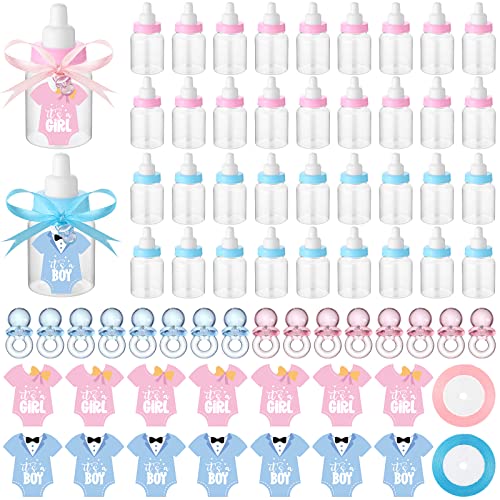 Fumete 162 Pcs Gender Reveal Baby Shower Favors 48 Mini Milk Bottles Plastic Baby Candy Bottle 48 Mini Pacifiers Tiny Plastic Pacifiers 64 Pcs It's a Boy Girl Gender Reveal Stickers 2 Roll Ribbon - Image 1