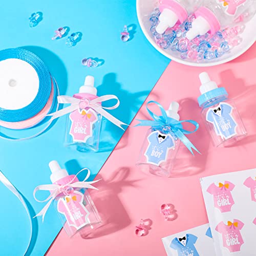Fumete 162 Pcs Gender Reveal Baby Shower Favors 48 Mini Milk Bottles Plastic Baby Candy Bottle 48 Mini Pacifiers Tiny Plastic Pacifiers 64 Pcs It's a Boy Girl Gender Reveal Stickers 2 Roll Ribbon - Image 5