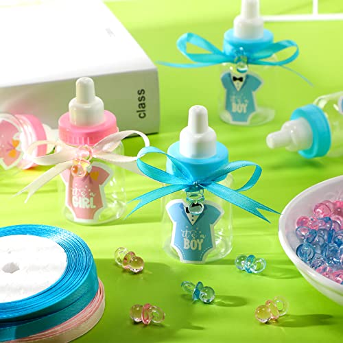 Fumete 162 Pcs Gender Reveal Baby Shower Favors 48 Mini Milk Bottles Plastic Baby Candy Bottle 48 Mini Pacifiers Tiny Plastic Pacifiers 64 Pcs It's a Boy Girl Gender Reveal Stickers 2 Roll Ribbon - Image 4
