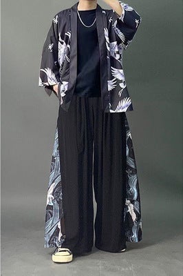 Mens Chinese Style Robe Set Fashion Trendy Hanfu Summer Tang Suit Traditional Costume Blue Black Crane Black T Black Pants