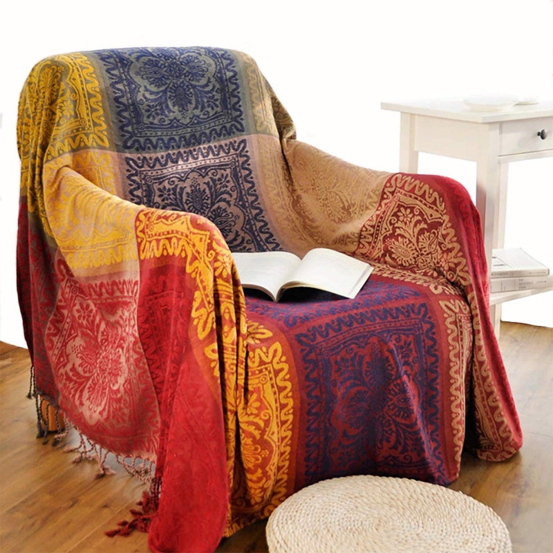 Edcooy Throws for Sofas Bohemian Chenille Jacquard Tassels Throw Blankets for Bed Settees Chair Slipcover Cover 2 3 SeaterRed 150x200cm