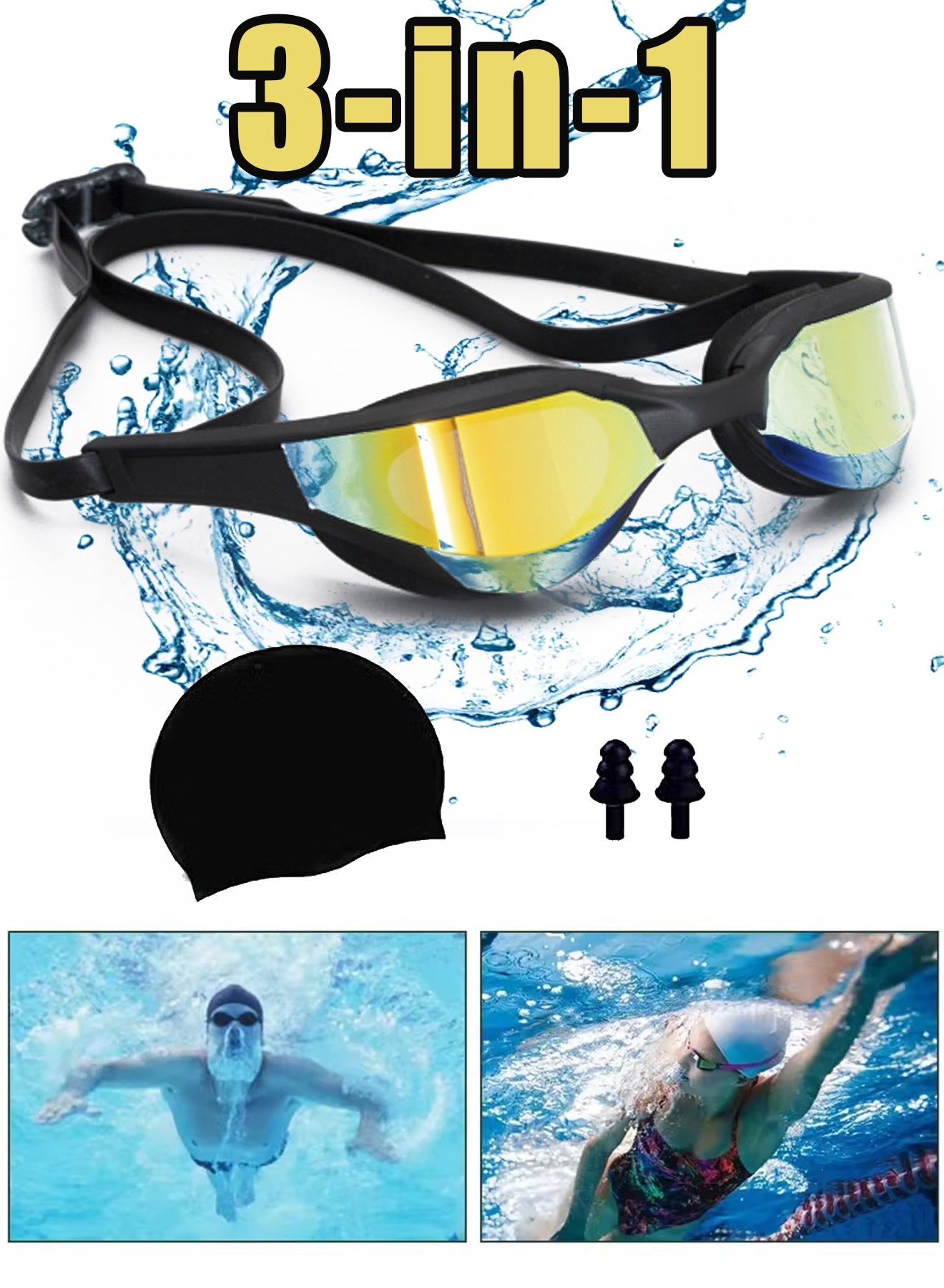 Professional Swimming Goggles Set – 3-in-1 Swim Gear with Anti-Fog Swim Goggles, Silicone Swim Cap, and Earplugs – Wide Clear Vision, UV Protection, Leak-Proof Comfort Fit – Ideal for Pool, Training