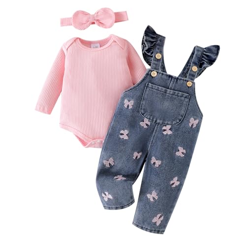 FOCICI 03 Months Baby Girl Clothes Newborn Romper Infant Jeans Adjustable Suspender Overalls Cute Headband 3Pcs Fall Winter Outfits Set Pink - Image 1