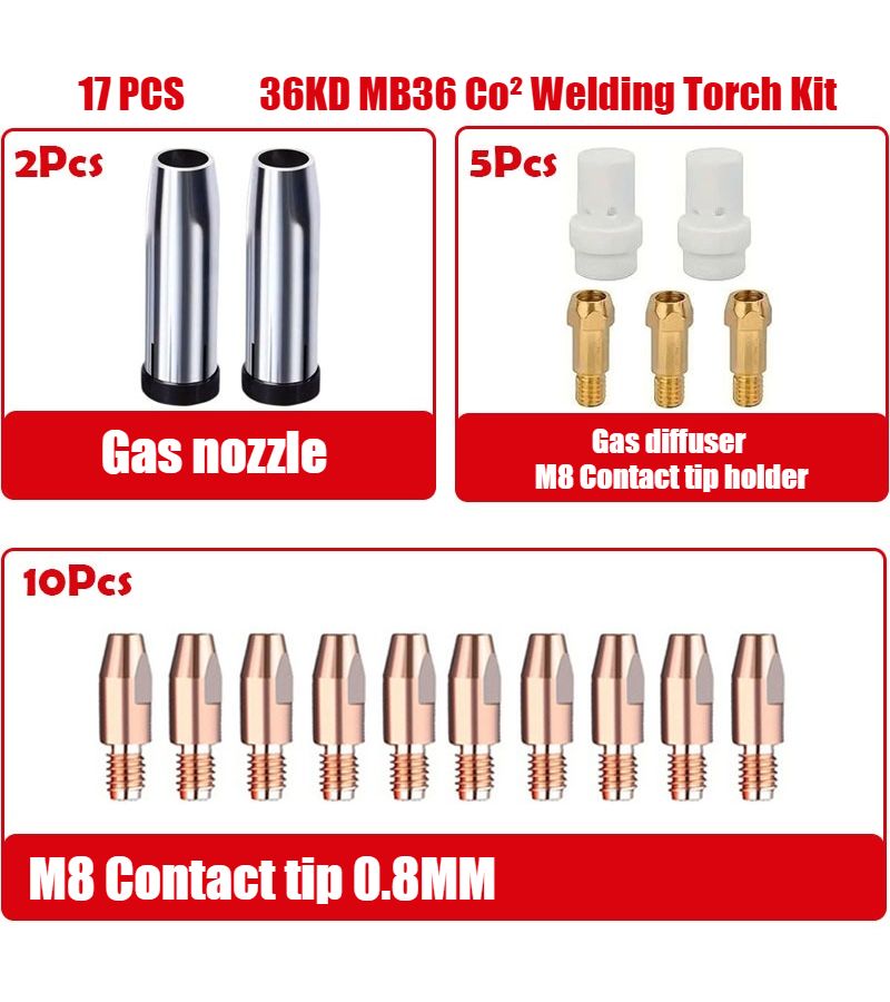 Welding Torch Accessory Kit 17pcs Includes 2 Gas Nozzles 2 Porcelain Insulators 3 M8 Contact Tip Holders 10 M8 0.8mm Contact Tips For 36KD MB36 Model - Image 2