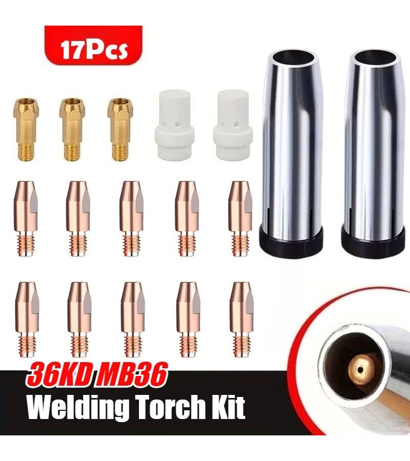 Welding Torch Accessory Kit 17pcs Includes 2 Gas Nozzles 2 Porcelain Insulators 3 M8 Contact Tip Holders 10 M8 0.8mm Contact Tips For 36KD MB36 Model - Image 1