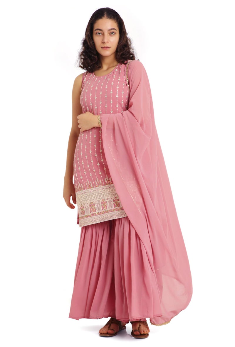 SHOPPING QUEEN Women's Georgette Embroidered Kurta Sharara Set with Dupatta (A510_Flamingo Pink_L) - Image 1
