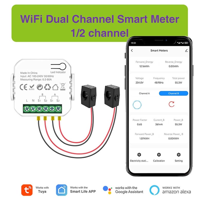 Tuya WIF Graffiti Smart Meter, Bidirectional 1/2 Channel Electric Meter Strap CT Transformer AC110/240 - Image 3