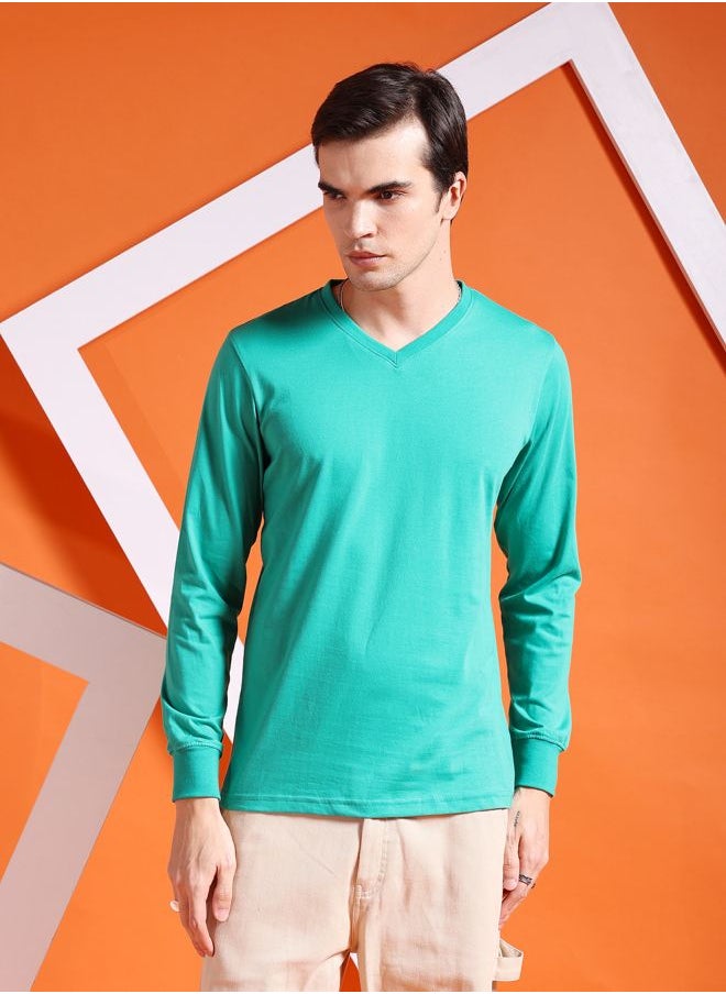The Indian Garage Co Men Slim Fit Solid V-Neck Tshirt  - Image 1