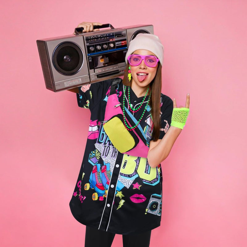 ZhouBoat 80s Costume Accessories for Women, Printed Short Sleeve Shirt Black Leggings Fanny Pack Necklaces Bracelets Fishnet Gloves Glasses Earrings Leg Warmers Scrunchy for 80s Theme Party (L) - Image 4