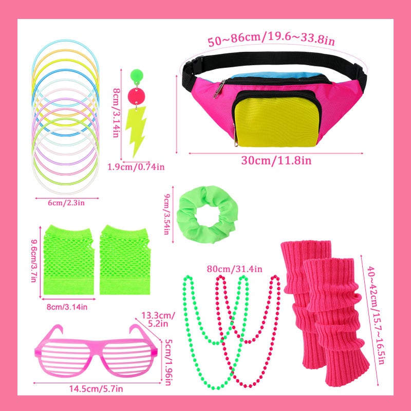 ZhouBoat 80s Costume Accessories for Women, Printed Short Sleeve Shirt Black Leggings Fanny Pack Necklaces Bracelets Fishnet Gloves Glasses Earrings Leg Warmers Scrunchy for 80s Theme Party (L) - Image 3