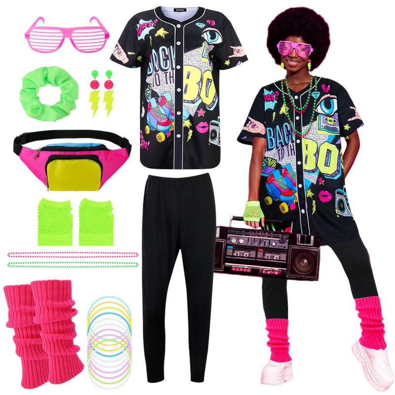 ZhouBoat 80s Costume Accessories for Women, Printed Short Sleeve Shirt Black Leggings Fanny Pack Necklaces Bracelets Fishnet Gloves Glasses Earrings Leg Warmers Scrunchy for 80s Theme Party (L) - Image 1