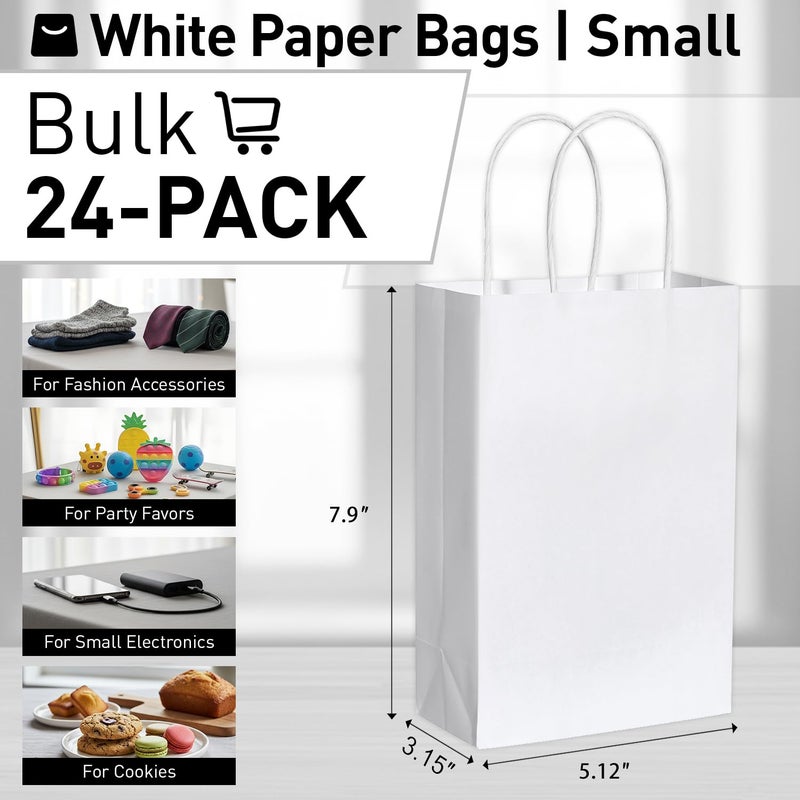 SUNCOLOR White Gift Bags, 24 Pack Small Kraft Paper Bags, 7.9 x 5.12 x 3.15 Inches, with Handles for Party Favors, Retail, Wedding, Valentine's Day, Birthday Treats - Image 2