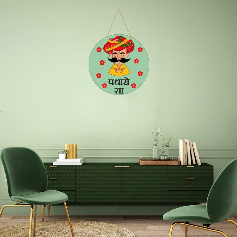 Art Monk Padharo Sa Wall Hanging Decor Hand Painted Wood Large Hindu Motif Living Room Accent - Image 2