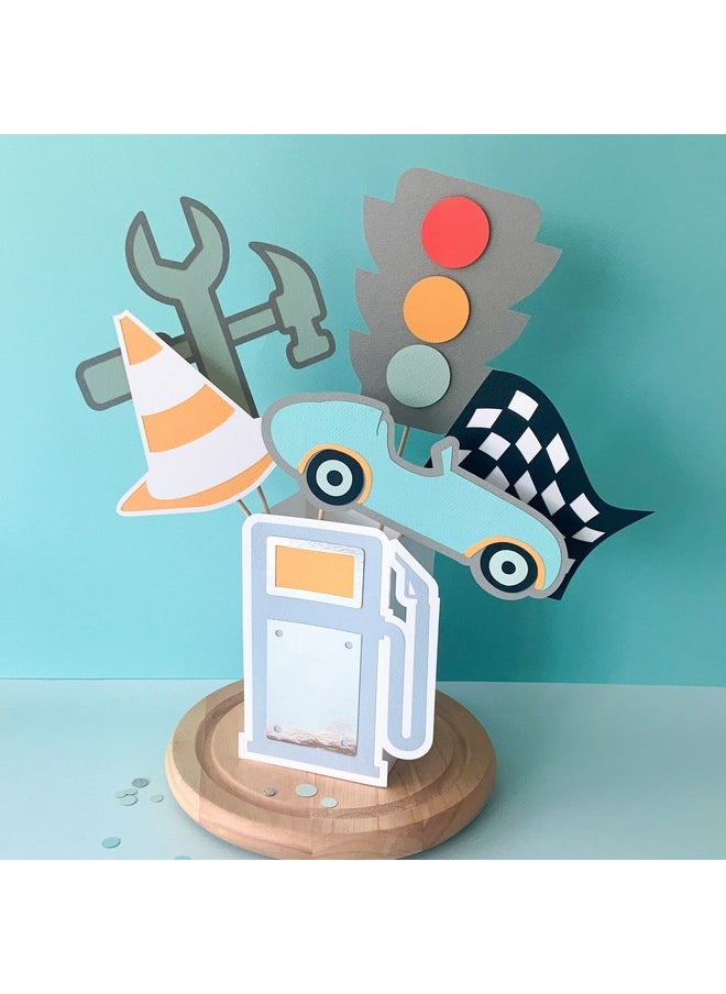 Pinfliers - Pinfliers Car Theme Birthday Party Centerpiece, 1 Petrol Pump Box, 5 Small Cutouts, Blue, Mint, Grey, Yellow, White, Black - Image 1