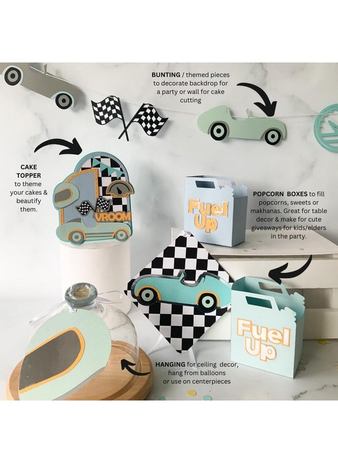 Pinfliers - Pinfliers Car Theme Birthday Party Centerpiece, 1 Petrol Pump Box, 5 Small Cutouts, Blue, Mint, Grey, Yellow, White, Black - Image 1