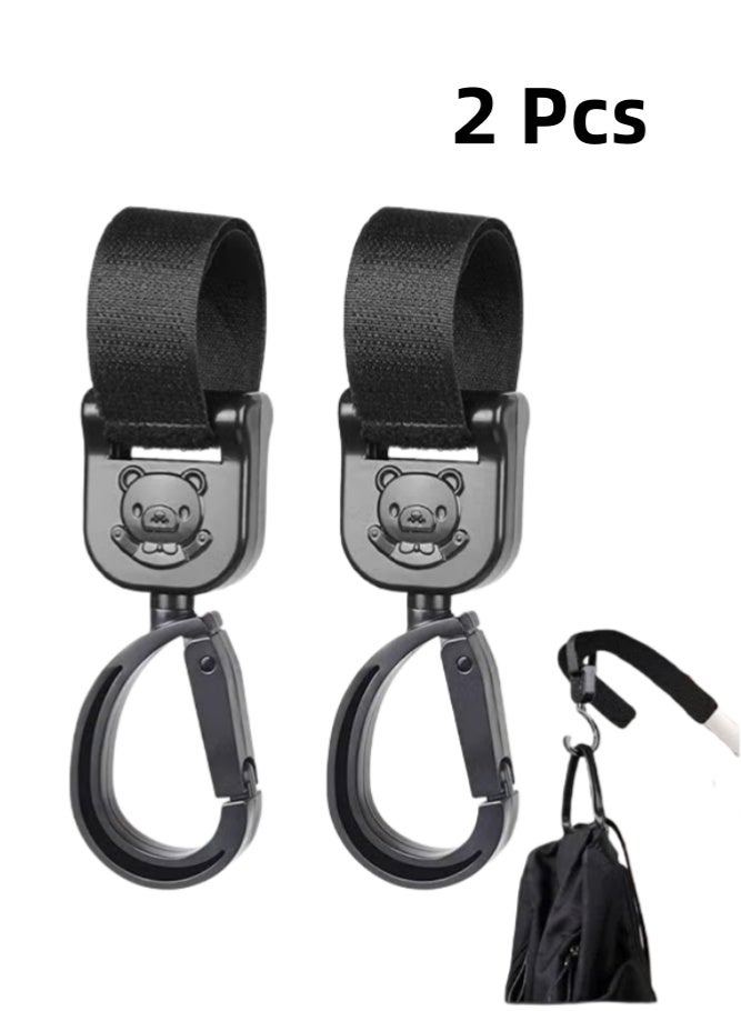 Non-Slip Baby Stroller Hooks with Lovely Bear Pattern, 360-Degree Rotating Stroller Bag Clips for Hanging Diaper Bags, Black - Image 1
