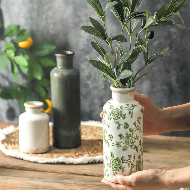 ooit Vintage Vase Set of 3, Ceramic Vintage Flower Vases, Chinoiserie Decorative Home Decor Retro Floral Vase Rustic Farmhouse Decor for Table Bookshelf Mantel Kitchen Living Room Office - Green and Beige - Image 3