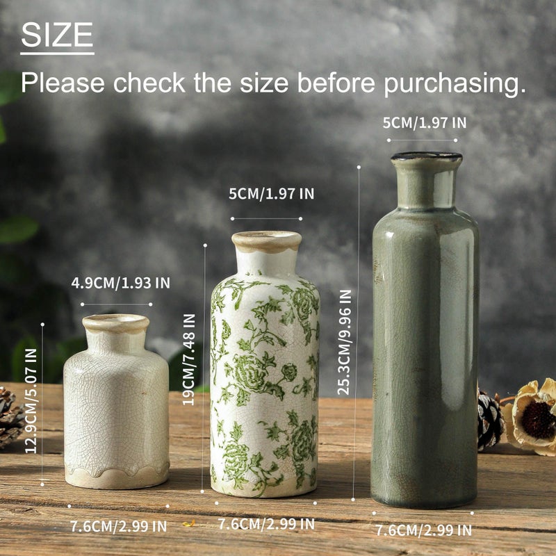 ooit Vintage Vase Set of 3, Ceramic Vintage Flower Vases, Chinoiserie Decorative Home Decor Retro Floral Vase Rustic Farmhouse Decor for Table Bookshelf Mantel Kitchen Living Room Office - Green and Beige - Image 2
