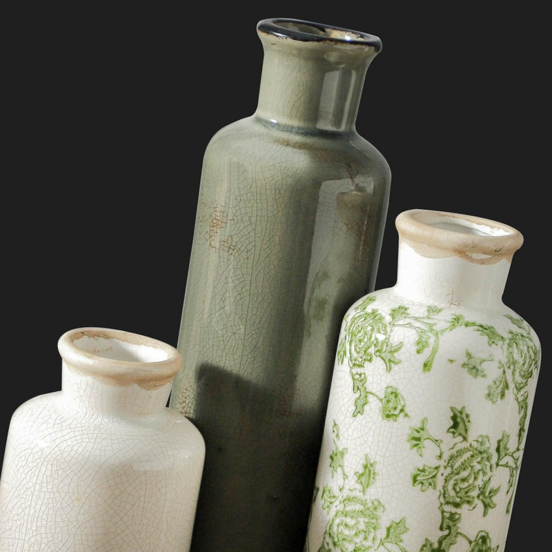 ooit Vintage Vase Set of 3, Ceramic Vintage Flower Vases, Chinoiserie Decorative Home Decor Retro Floral Vase Rustic Farmhouse Decor for Table Bookshelf Mantel Kitchen Living Room Office - Green and Beige - Image 4