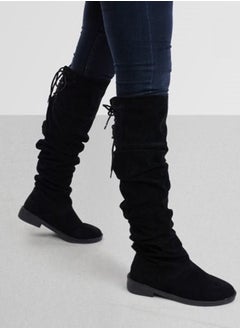 LIFESTYLISH Women Suede Long Boots Tie Back M-70 -Black  - Image 2