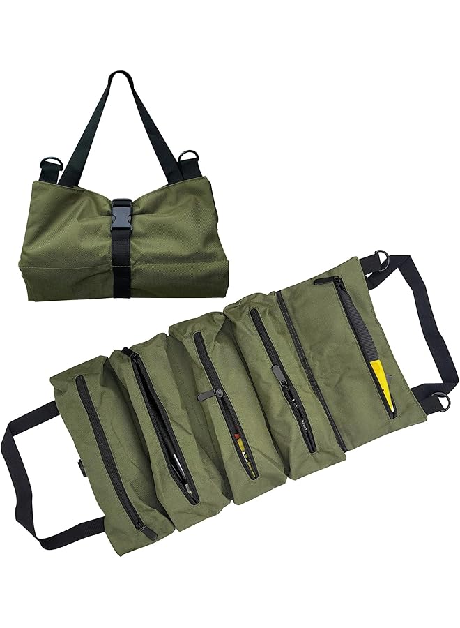 PROMASS promass Tool Roll Up Bag, Multi-Purpose Waterproof Oxford Cloth, Heavy-Duty Tool Organizer Bag with 5 Tool Pockets, Suitable for Electricians, Machinists and Hobbyist, Gift for Men, Army Green  - Image 1