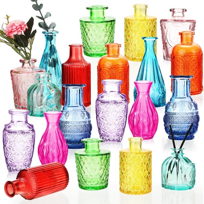 20 PCS BUD VASES BULK COLORED SMALL VINTAGE GLASS VASES FOR CENTERPIECES MINI FLOWER BOTTLES FOR WEDDING HOME TABLE DECORATION FLORAL ARRANGEMENTS