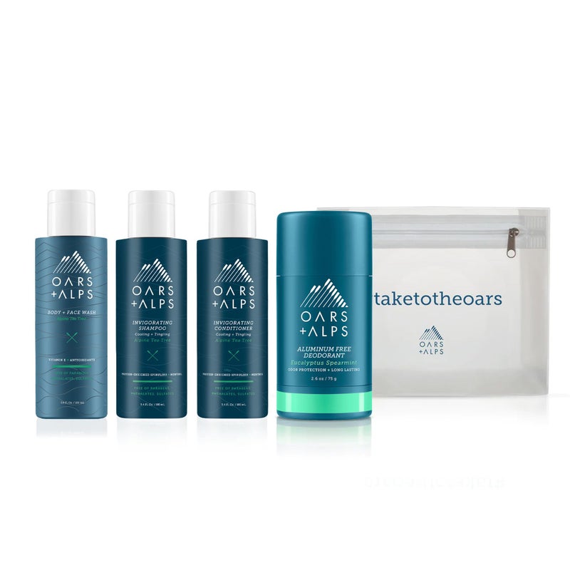 Oars + Alps Hair and Body Travel Kit for Men, Includes Sulfate Free Shampoo, Conditioner, Body Wash, Deodorant, and Reusable Pouch, TSA Friendly, Alpine Tea Tree Scent - Image 1