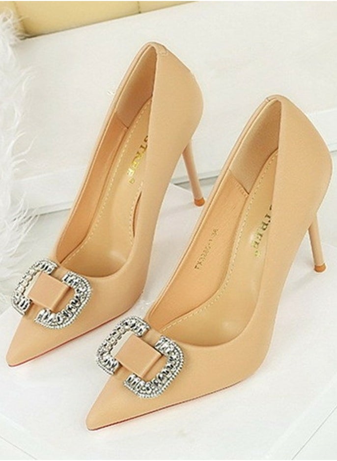 BIGTREE Women's Satin Closed Pointed Toe Stiletto Pump Rhinestone Square Buckle Decoration High Heels Apricot 10 CM  - Image 1