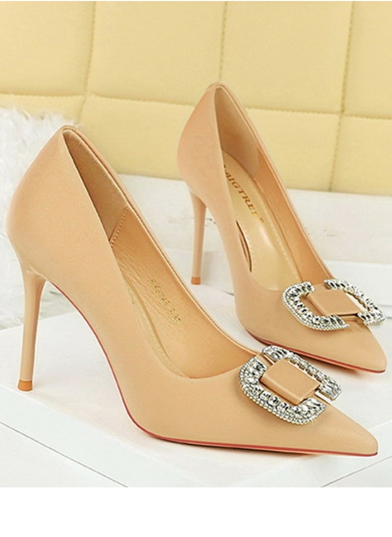 BIGTREE Women's Satin Closed Pointed Toe Stiletto Pump Rhinestone Square Buckle Decoration High Heels Apricot 10 CM  - Image 2