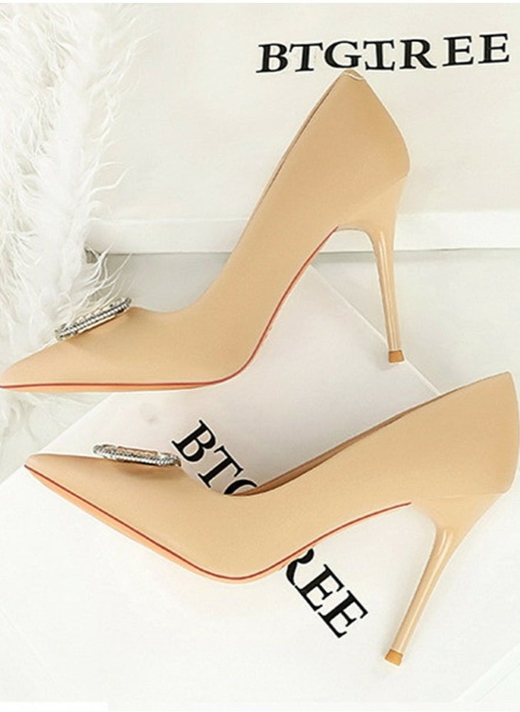 BIGTREE Women's Satin Closed Pointed Toe Stiletto Pump Rhinestone Square Buckle Decoration High Heels Apricot 10 CM  - Image 3