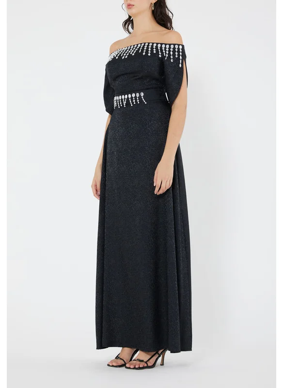 Amri Stunning Fit And Flare Long Embroidered Dress With Off Shoulder Neckline And Half Sleeves