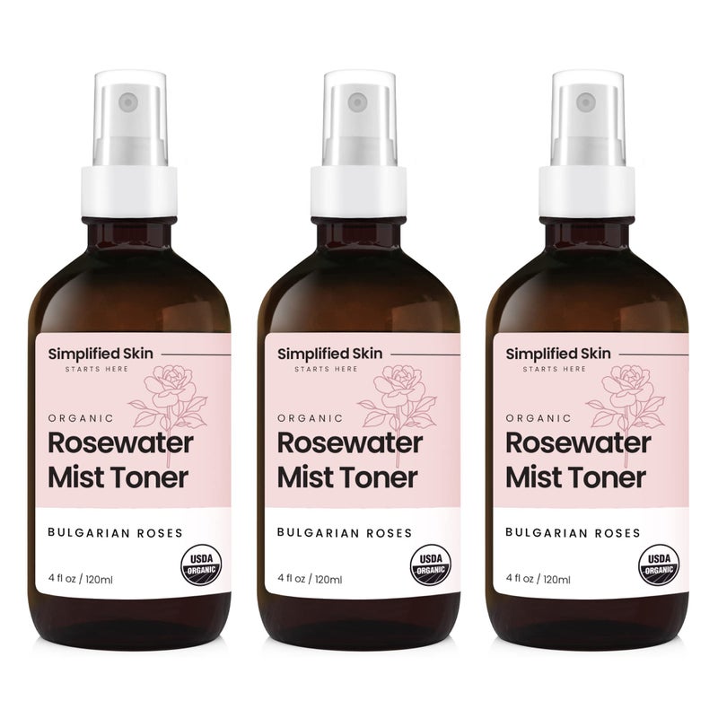 Rose Water Spray for Face Hair 100 Natural Organic Face Toner AlcoholFree Makeup Remover AntiAging Self Care Beauty Mist Face Care Hydrating Rosewater by Simplified Skin 4 Oz 3 Pack