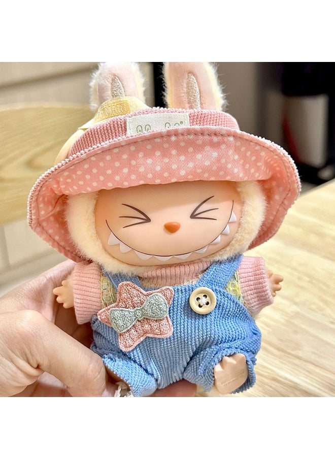 Labubu Sitting Party Doll Clothes Generation II Blind Box Labubu Doll Clothes Ragcloth Clothes Plush Vinyl Face-Specification:Common To First And Second Generations-Color:Sitting Pink T-shirt Overalls + Bunny Hat (no Doll)  - Image 1