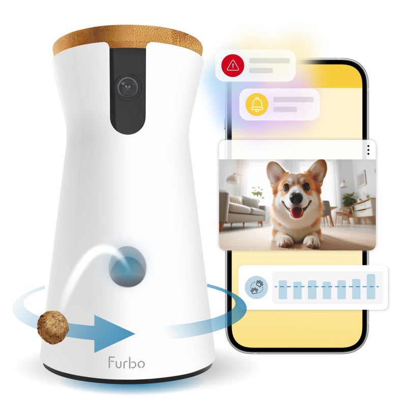 Furbo كاميرا الكلاب Furbo 360° [اشتراك مطلوب] افتح مع خطة مدفوعة: تنبيهات أمان المنزل وسلامة الكلاب، قاذف مكافآت الحيوانات الأليفة الدوار، مكبر صوت ثنائي الاتجاه (مخاطر منخفضة، 3 أشهر كحد أدنى. يمكن الإلغاء في أي وقت) - Image 1