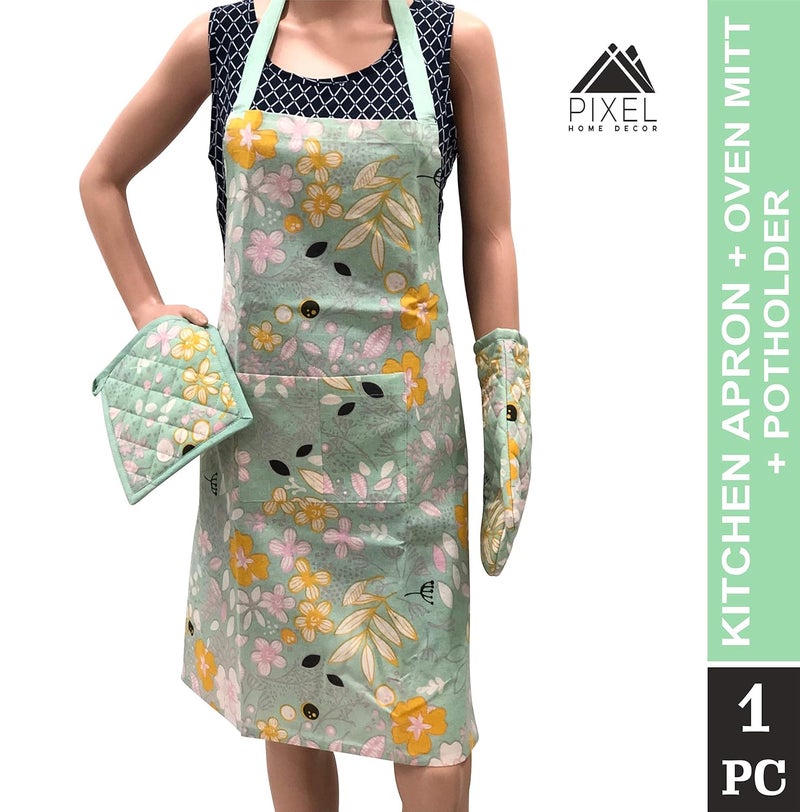 Pixel Home Organic Cotton Flower Print Apron with Oven Mitt and Pot Holder (Green) - Image 4