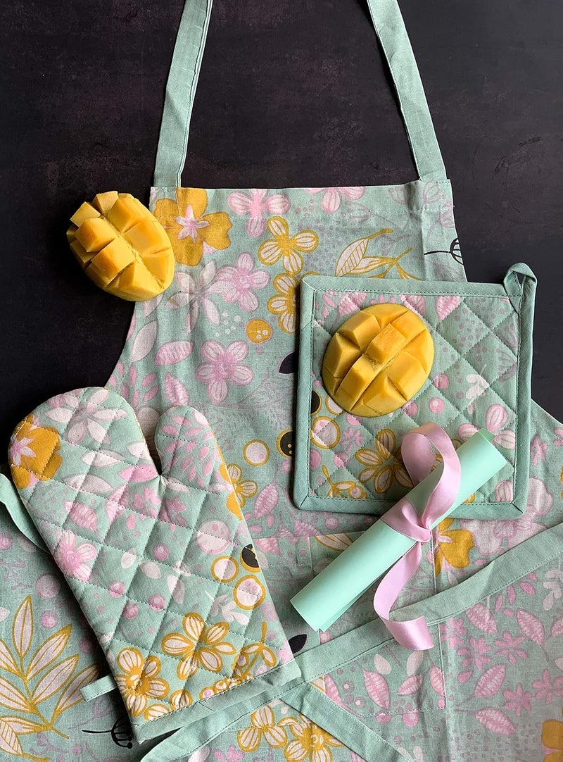 Pixel Home Organic Cotton Flower Print Apron with Oven Mitt and Pot Holder (Green) - Image 2