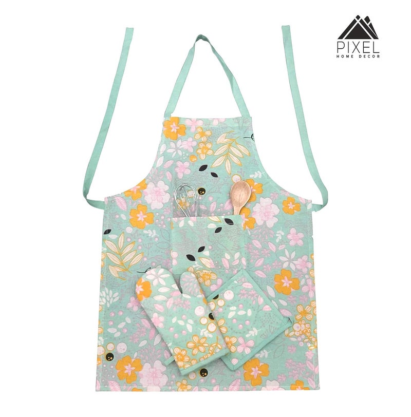 Pixel Home Organic Cotton Flower Print Apron with Oven Mitt and Pot Holder (Green) - Image 5