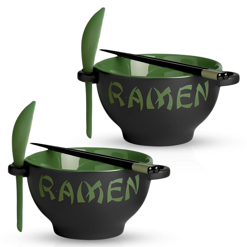 Goodscious Ceramic Ramen Bowl Set with Chopsticks and Spoon - Set of 2 Microwavable Noodle Bowl Kitchen Set for Instant Noodles  Pho  Udon Noodles  Miso Soup - Green Japanese Ramen Bowls Ceramic Gifts (21 oz) - Image 1