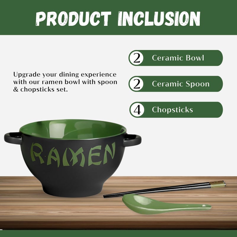 Goodscious Ceramic Ramen Bowl Set with Chopsticks and Spoon - Set of 2 Microwavable Noodle Bowl Kitchen Set for Instant Noodles  Pho  Udon Noodles  Miso Soup - Green Japanese Ramen Bowls Ceramic Gifts (21 oz) - Image 4
